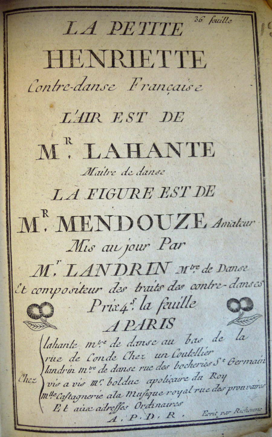 La Petite Henriette : page de titre portant le nom de la contredanse © Médiathèque du CND