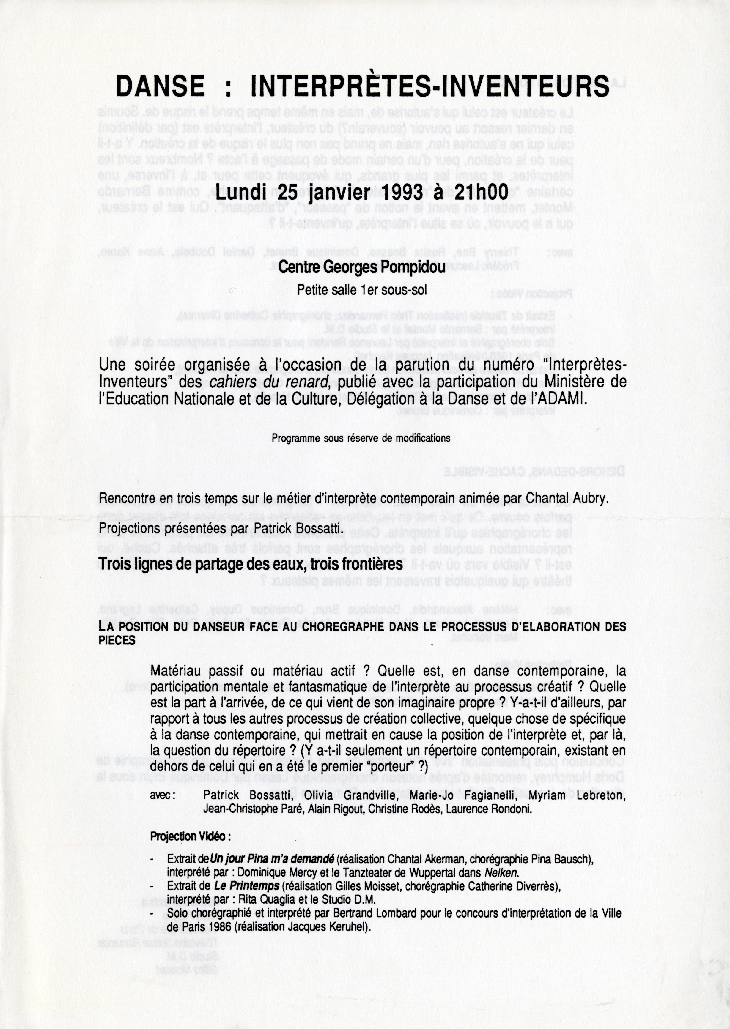 Programme de la soirée "Interprètes-inventeurs" au Centre Georges Pompidou, janvier 1993.