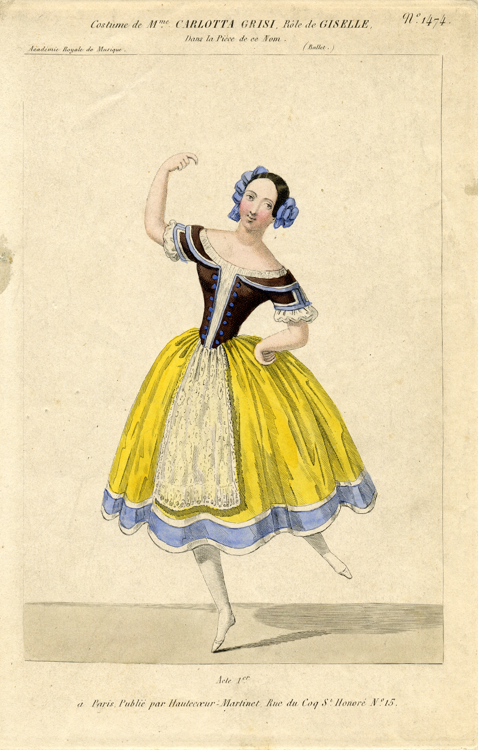 Carlotta Grisi, Ballet de l'Opéra de Paris, 1841. Estampe pour le costume du 1er acte. Médiathèque du CND. 