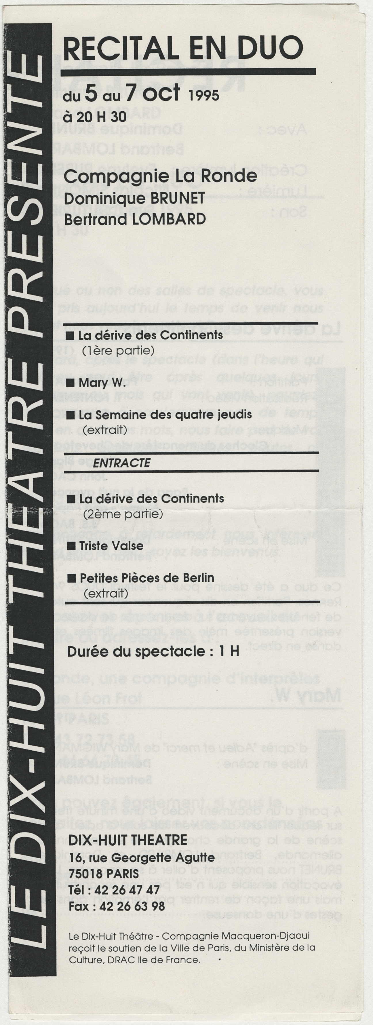 Feuille de salle du Dix-Huit Théâtre, octobre 1995 (4 p.)